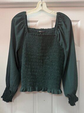 Madewell Lucie Bubble-Sleeve Smocked dark palm green square neck top size Large